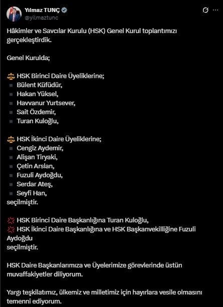 Adalet Bakanı Tunç, sosyal medya hesabı üzerinden yaptığı paylaşımda Hâkimler