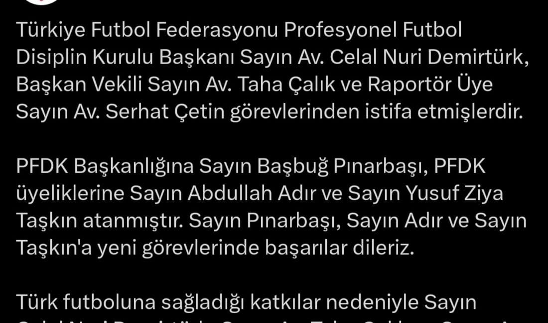 PFDK Başkanlığı’na Başbuğ Pınarbaşı atandı Türkiye Futbol Federasyonu’nun (TFF) sosyal medya hesabından yapılan paylaşımda, Profesyonel